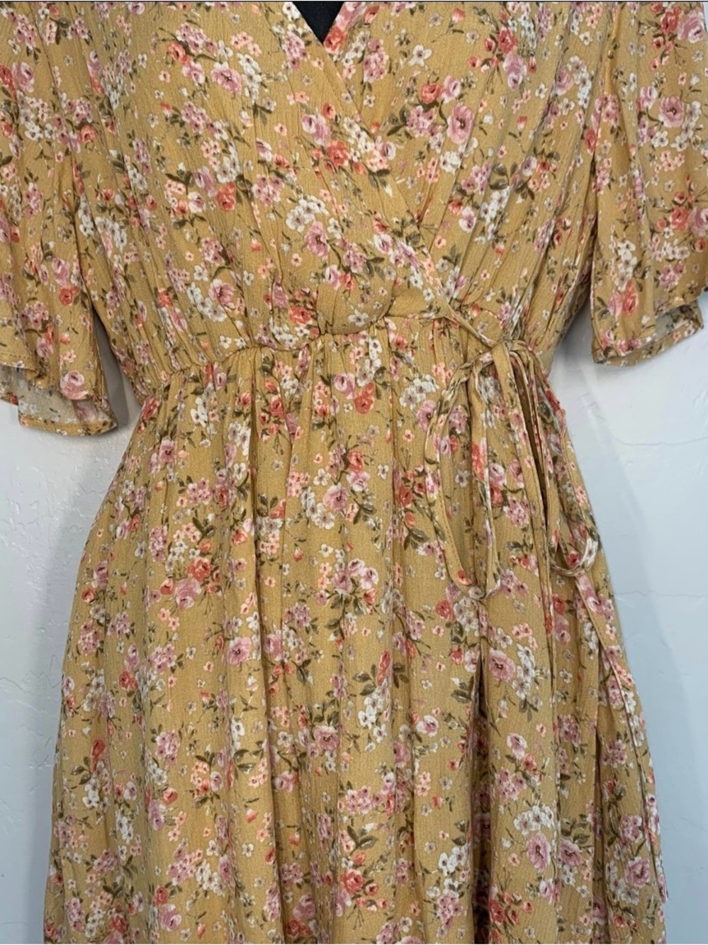 Camellia Brown Pink Floral V Neck Mini Dress Side Tie Flutter Sleeves Large - Picture 5 of 12